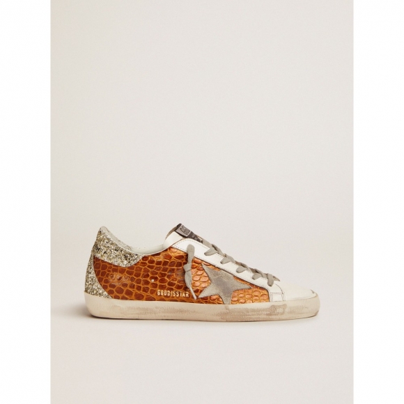 Super-Star sneakers in brown crocodile-print leather with light green glitter