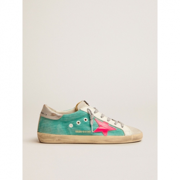 Super-Star sneakers in turquoise suede with corduroy print and fluorescent pink leather star
