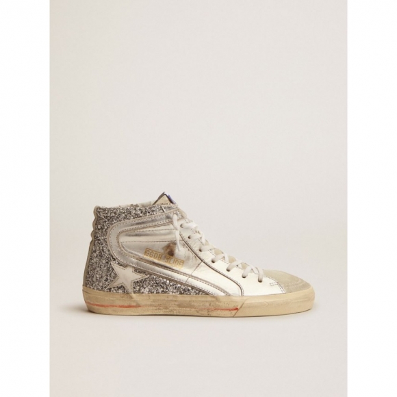Slide sneakers with upper in laminated leather and silver glitter