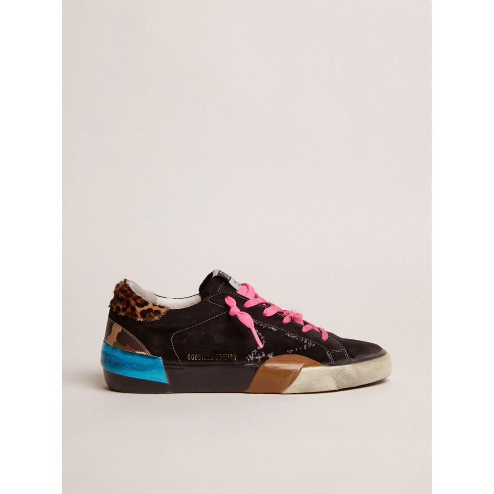 Super-Star LAB sneakers in black suede with multi-foxing and leopard-print pony skin heel tab