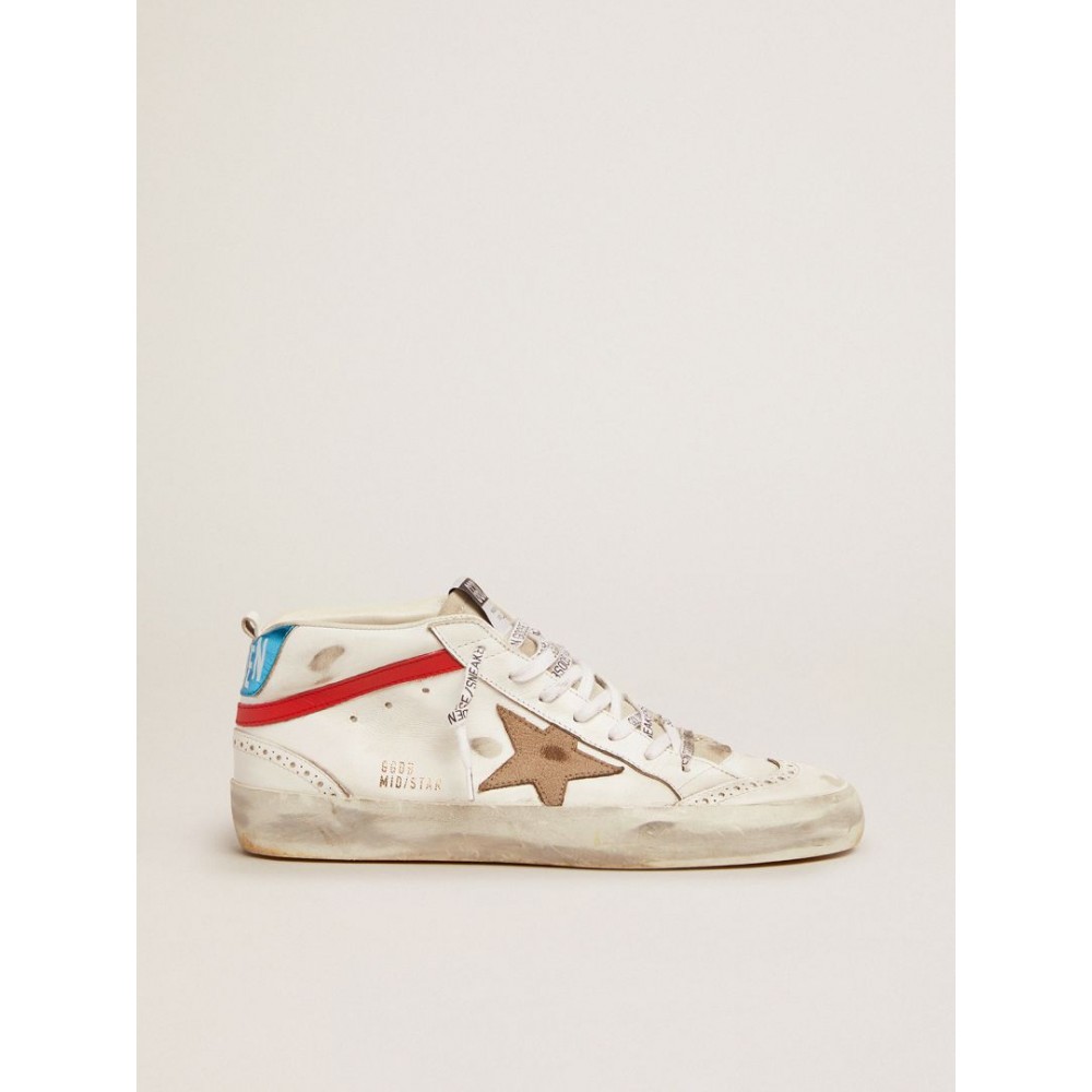 Mid Star sneakers with metallic blue heel tab and star in khaki crackled leather