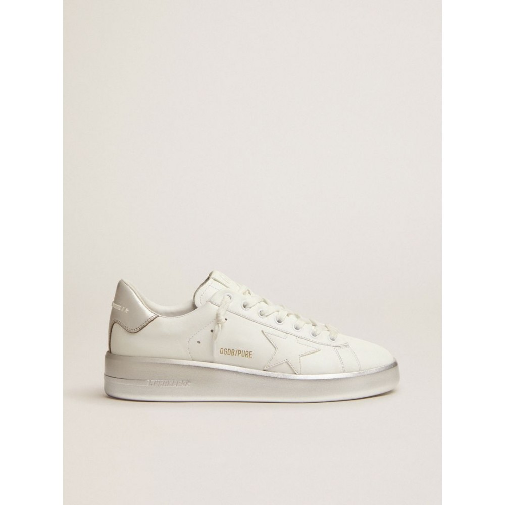 Purestar sneakers in white leather with silver laminated heel tab and foxing