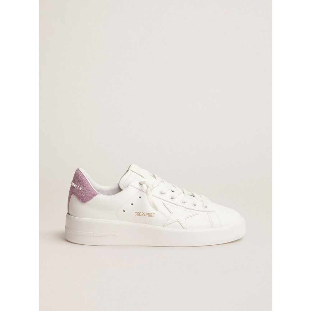 Purestar sneakers in white leather with pink glitter heel tab